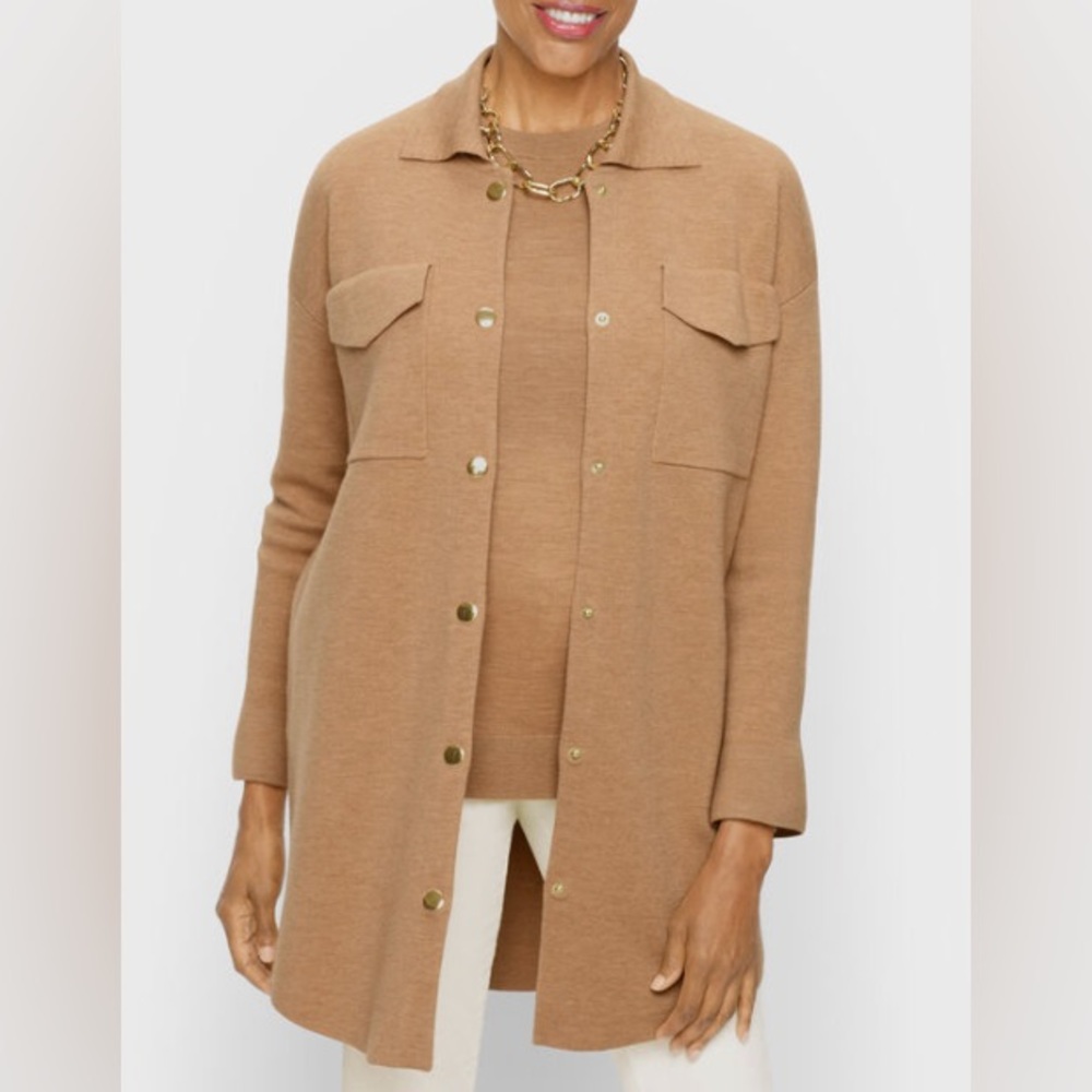 Talbots Merino Wool Tan Button Up Long Sweater / Jacket - Size XL